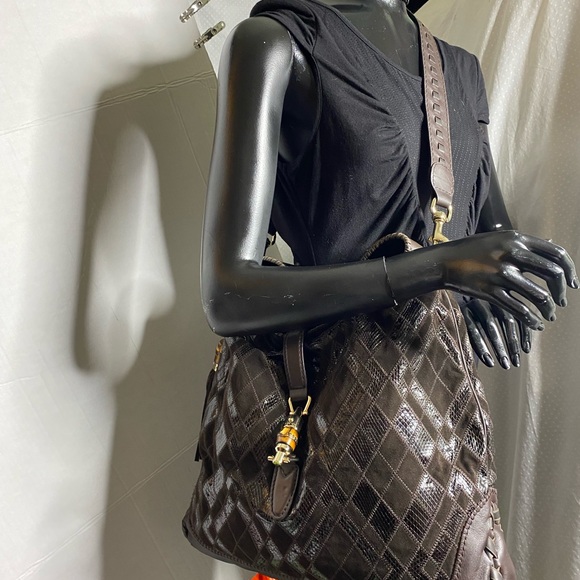 Gucci NEW JACKIE Brown ARGYLE Python Leather/Suede XL Shoulder Bag Bamboo Tangle - Picture 3 of 6